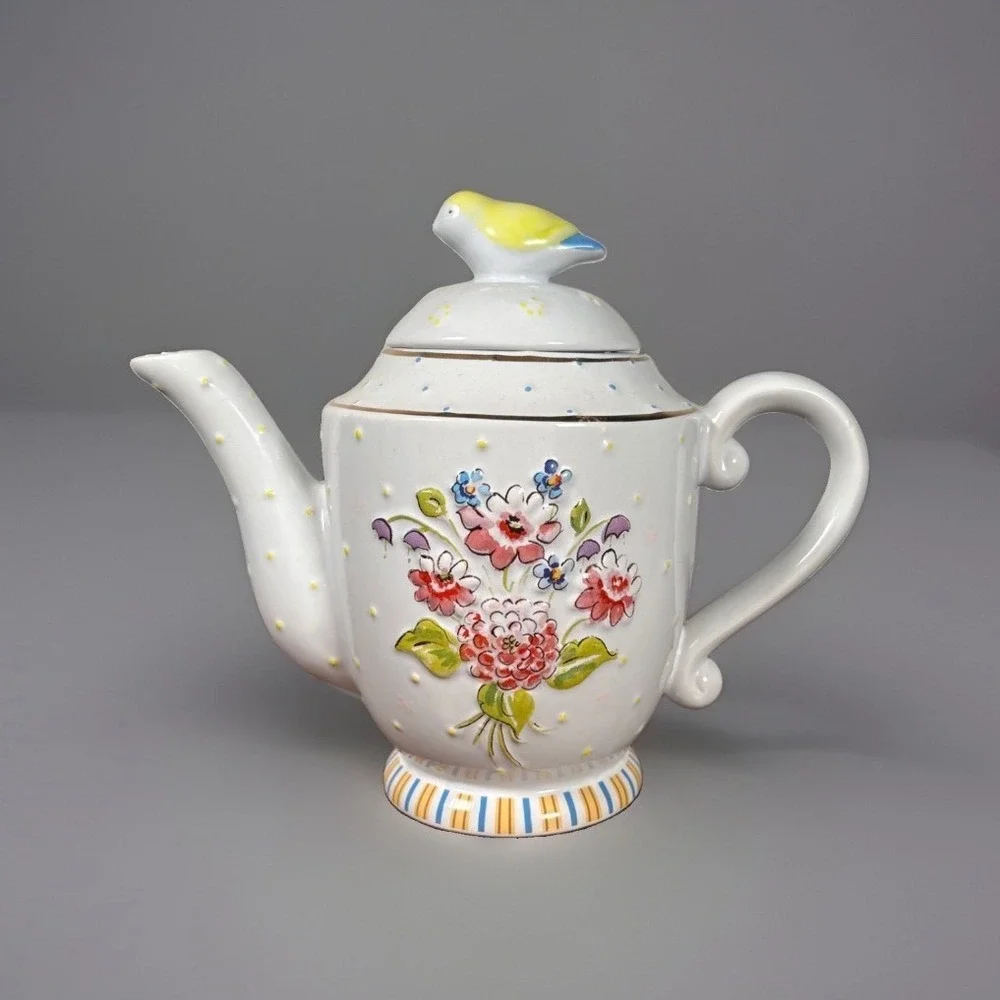White Ceramic Floral Teapot Bird Finial Polka Dot Gold Trim Dishwasher Safe